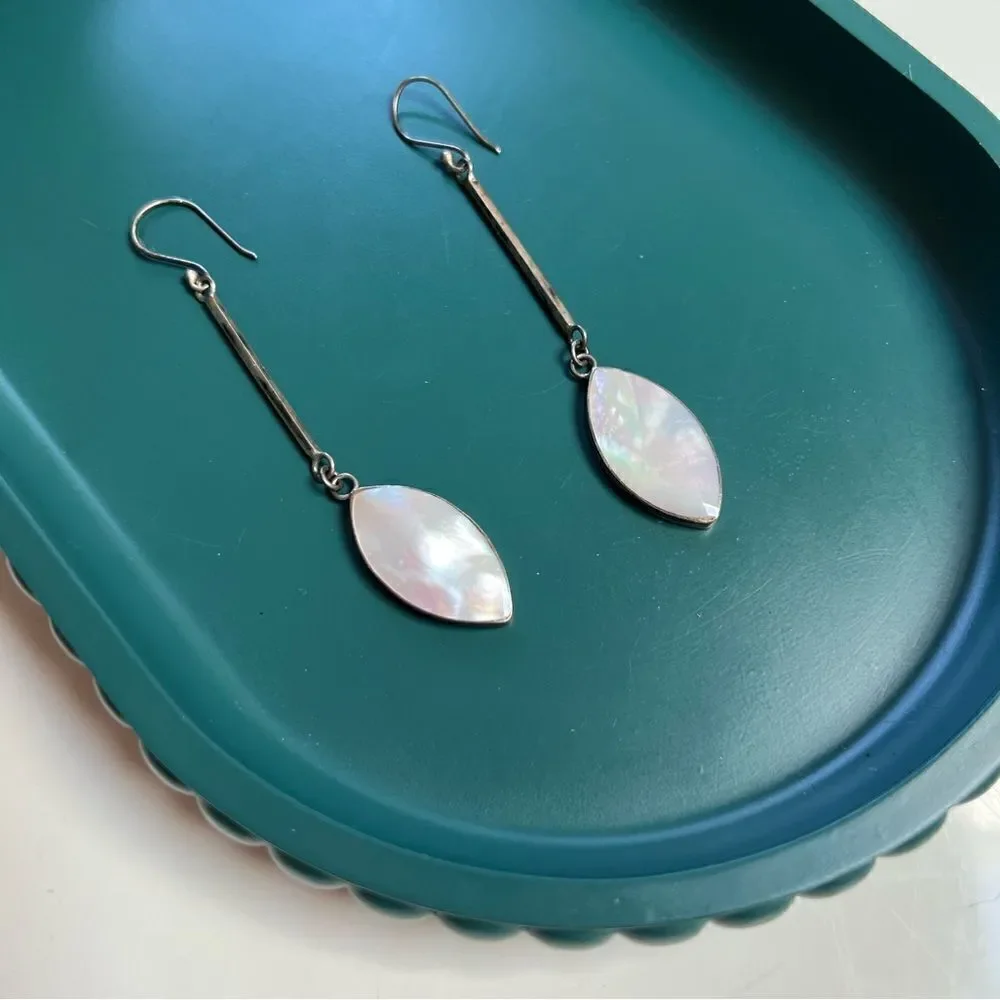 Vintage 925 Sterling Silver Moonstone Mother of Pearl Teardrop Long Earrings